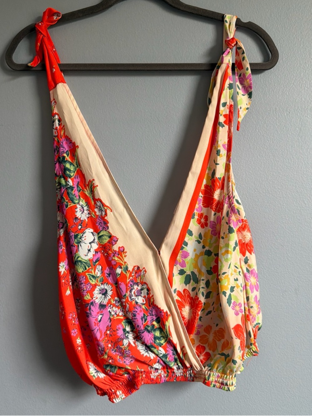 Free People Red Floral Tie-Strap V-Neck Blouse